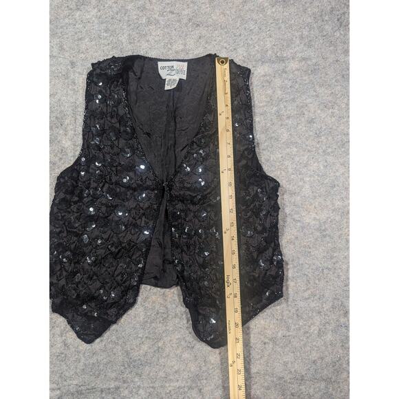 Vintage 80s Cotton Zone Black Silk Beaded All Over Sequins Vest Small Party - Picture 7 of 7